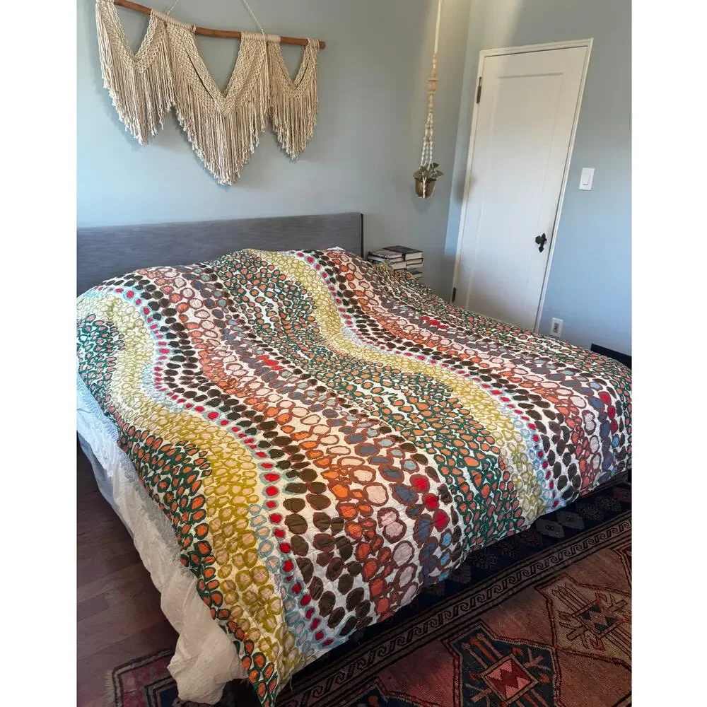 Erica Tanov Hand Block Print Cotton Quilt Bedspread Throw Blanket 86x97 India